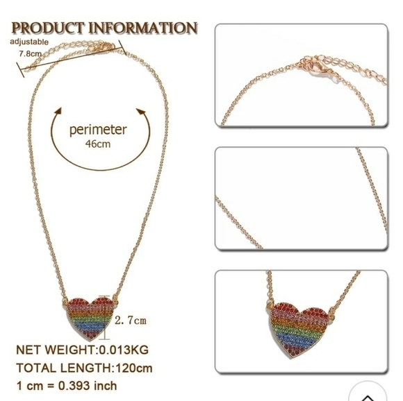NWOT Rainbow Heart Rhinestone Pendant Chain Necklace - Picture 3 of 6